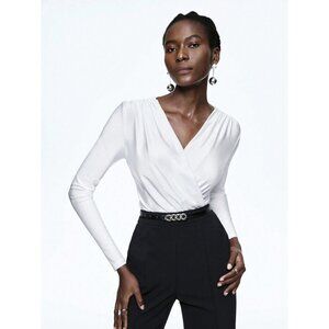 🍁 long sleeve bodysuit faux wrapped top white v neck